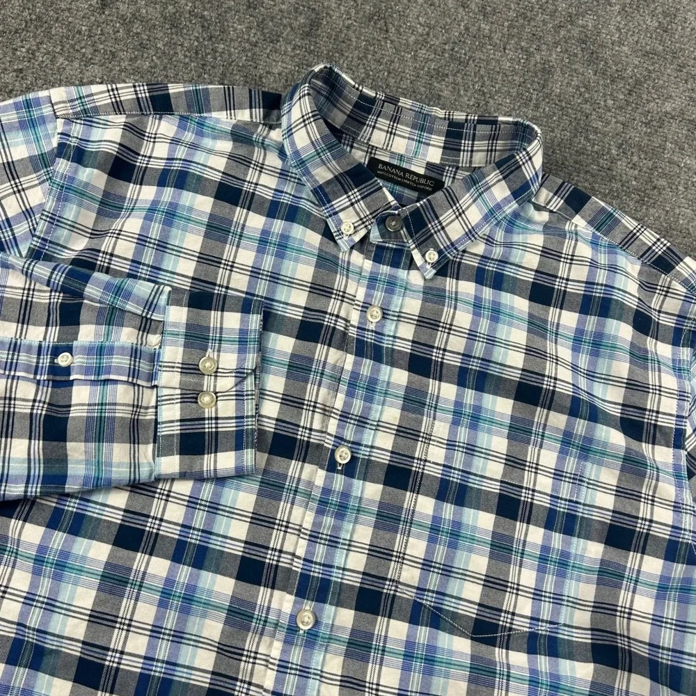 Banana‎ Republic Shirt Mens XL Blue Plaid Camden Fit Stretch Oxford Button Down